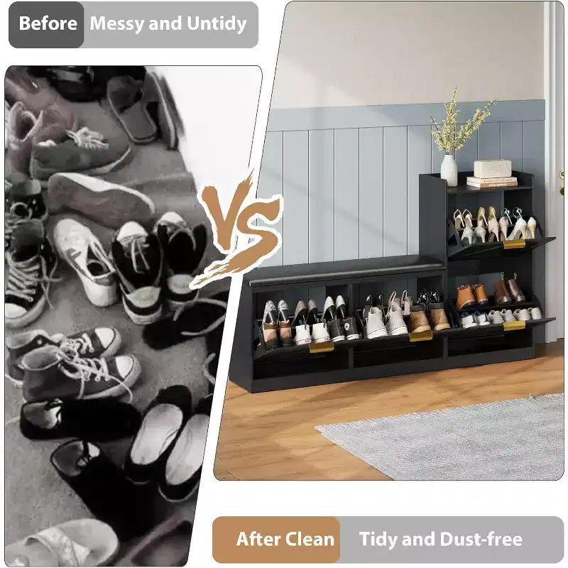 Szafka na buty z ławką i 4 uchylnymi szufladami – wąski organizer do przedpokoju na 35–40 par