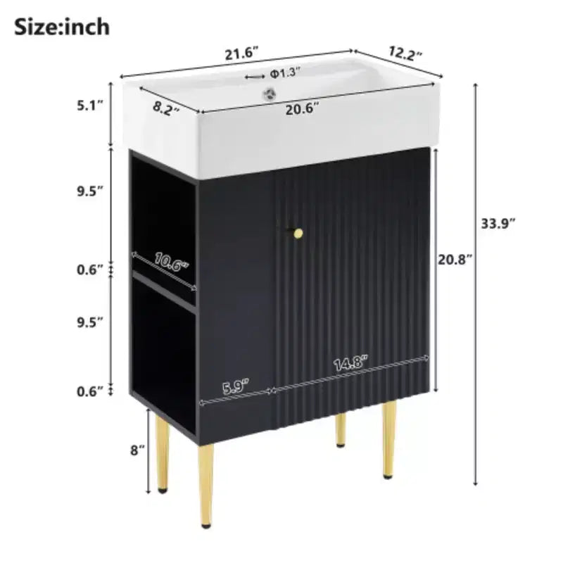 Meuble-lavabo de salle de bains blanc de 21,6, ensemble meuble, meuble de rangement de salle de bains, lavabo simple en céramique, rangement à gauche
