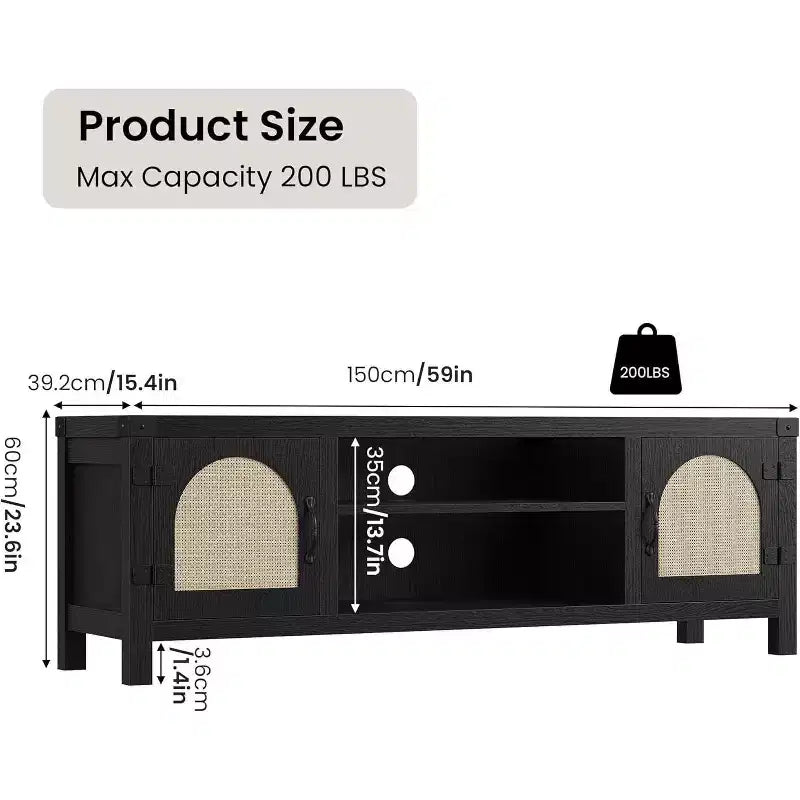 165 cm breiter TV-Schrank im Boho-Stil mit Flechttür – Unterhaltungsschrank aus Holz mit zwei Schränken und verstellbaren Einlegeböden, geeignet für Wohnzimmer