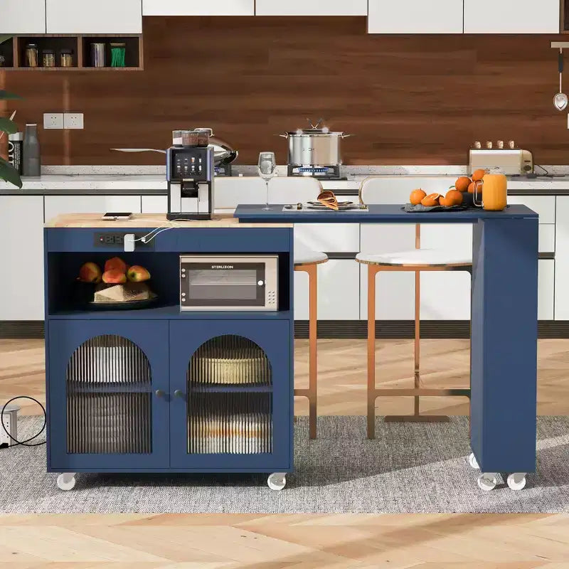 Isola da cucina su ruote con 2 ante in vetro, carrello da cucina con tavolo allungabile e prese elettriche, isola da cucina con ripiani laterali aperti