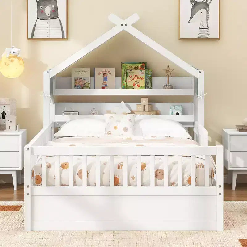 ModernLuxe Twin/Full Size Wooden House Bed with Storage Headboard, Solid Pine Kids Bed Frame with Guardrails