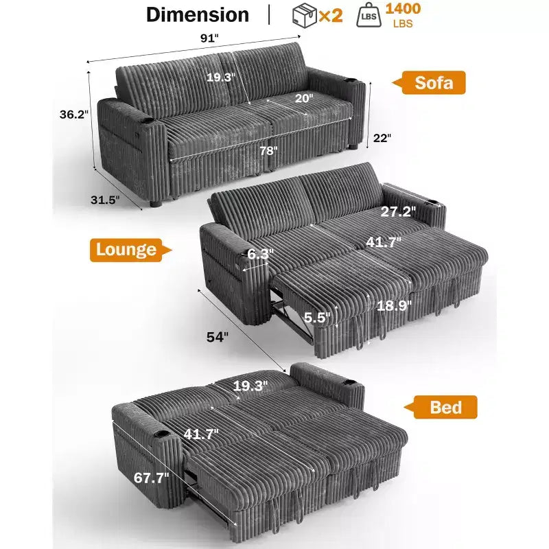 Dyonery 91-delige slaapbank met chaise longue en uitschuifbaar bed, verstelbare rugleuning/twee uitschuifbare bedden/USB-poorten/bekerhouders, zacht corduroy