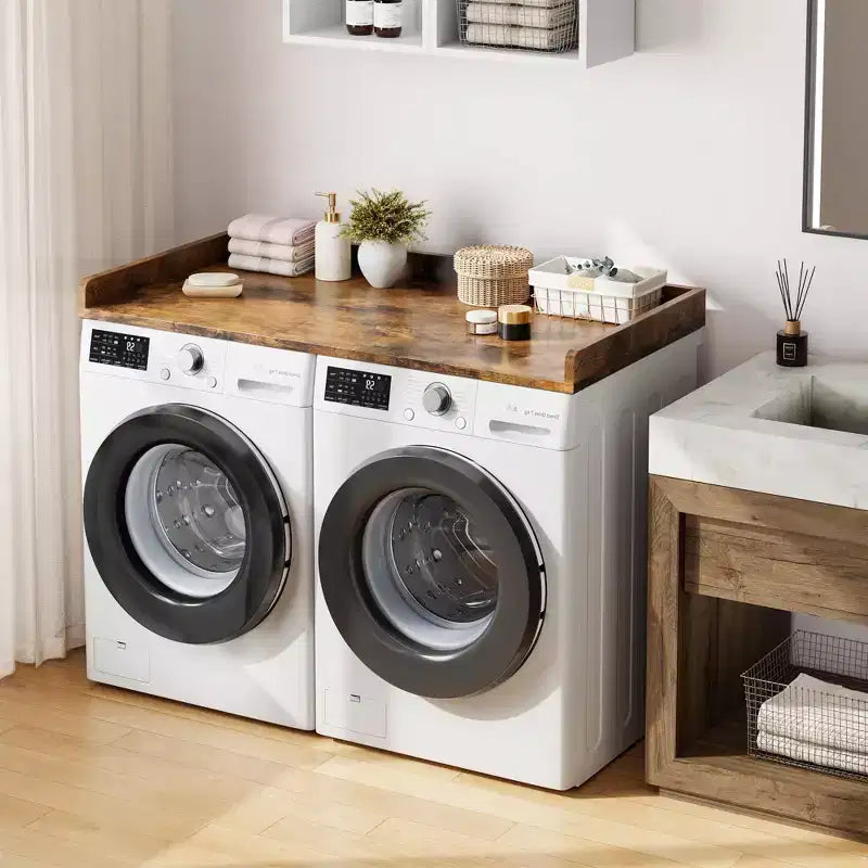 Aanrechtblad voor wasmachine en droger, wasruimteblad met opstaande rand en antislipmat voor opbergruimte voor wasmanden en organisatie van de wasruimte