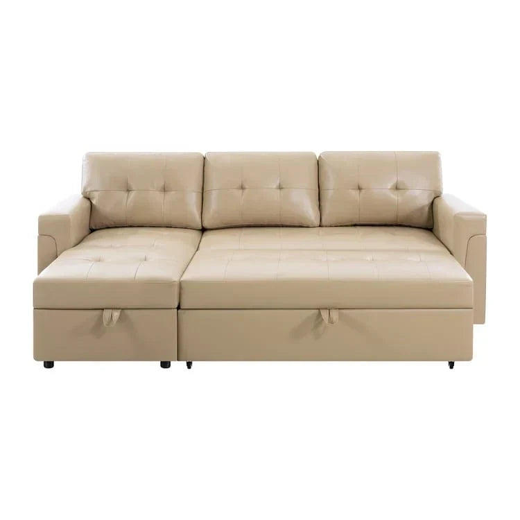 Divano componibile reversibile trasformabile con letto estraibile, chaise longue con contenitore nascosto e gambe resistenti