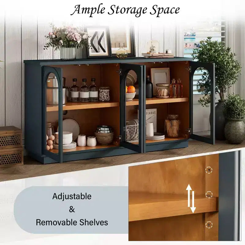Grande buffet contenitore a 4 ante con ante in vetro, mobile ad arco con ripiani regolabili per la cucina