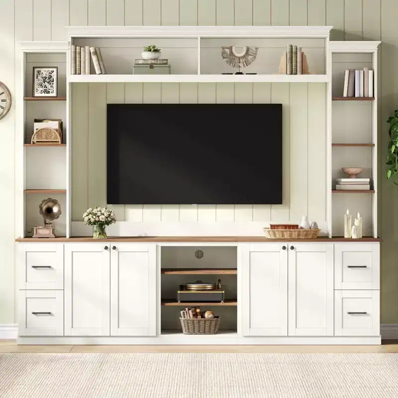ModernLuxe 4-in-1 entertainmentcentrum in boerderijstijl, wandmeubel geschikt voor tv's tot 70 inch, tv-meubel en mediaconsole met verstelbare planken en laden