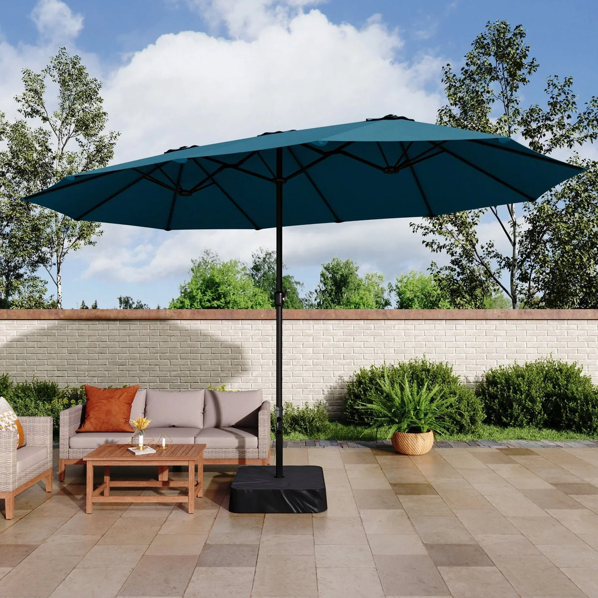 MAISON ARTS dubbele parasol voor terras, 15 ft, extra groot, tweepersoons, inclusief voet