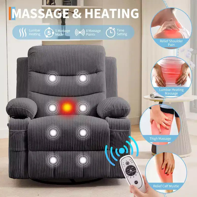Sillón reclinable mecedor giratorio de 360° extragrande con masaje y calor: silla ergonómica de descanso con portavasos y bolsillos laterales para la sala de estar o el dormitorio infantil