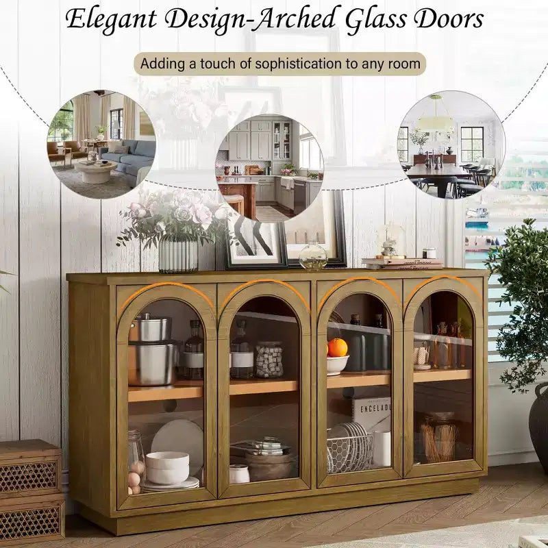 Grande buffet contenitore a 4 ante con ante in vetro, mobile ad arco con ripiani regolabili per la cucina