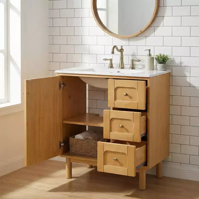 JVNOXK 30-inch Rustic Modern Ceramic Vanity Cabinet with 3 Drawers and 1 Large Soft-Close Door, Storage Cabinet, Natural Wood Grain