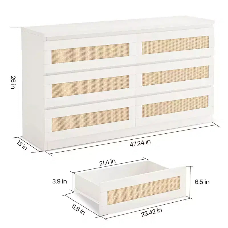 Rattan-Kommode fürs Schlafzimmer mit 6 Schubladen, 119 cm breite moderne Kommode im Landhausstil, Holzschrank mit Stauraum-Organizer für Kleiderschrank, Wohnzimmer und Flur