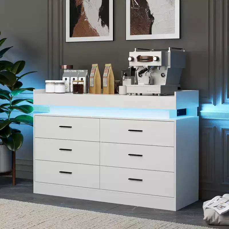 Meuble TV moderne avec 6 tiroirs et éclairage LED, comptoir flottant faisant office de bar à café pour centre de divertissement du salon
