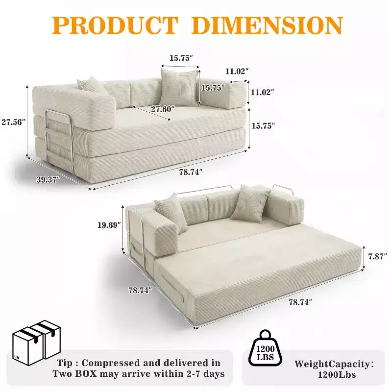 Dyonery 78 klappbares Schlafsofa, Cordbezug, Schlafcouch in King-Size-Größe für den Boden, 4-in-1-DIY-Kombination, modulares Sofa zum Ausklappen, bequem