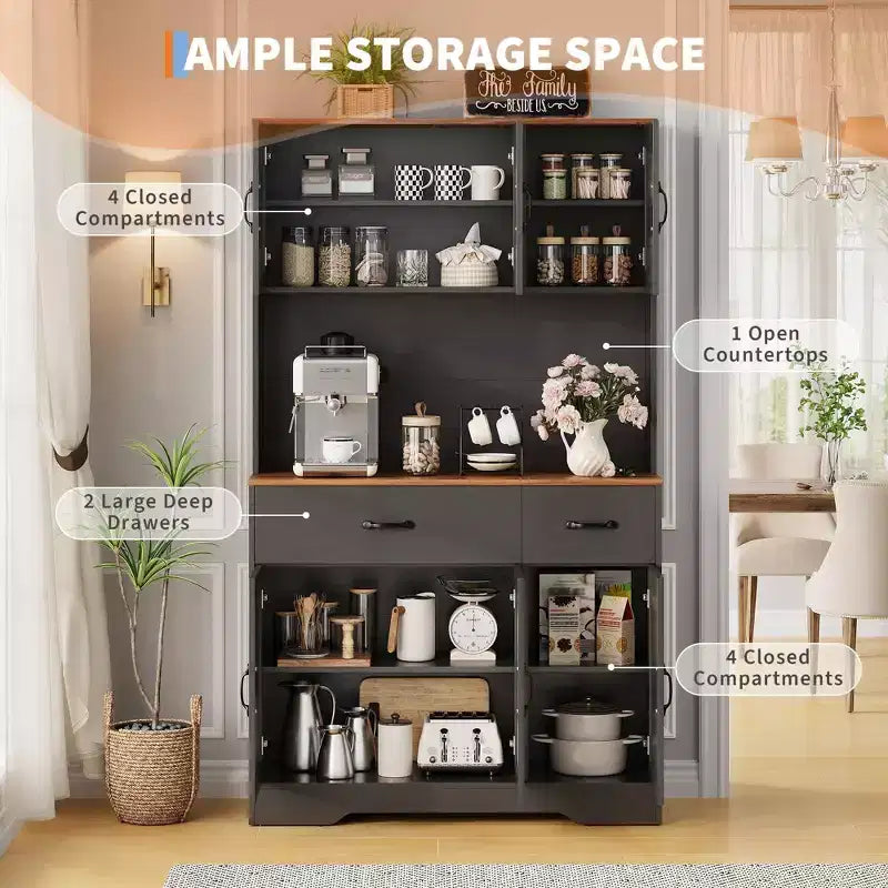 71 Kitchen Pantry Cabinet with Charging Station, Large Countertop, Microwave Stand & 2 Drawers,Hutch Storage for Dining & Living Room
