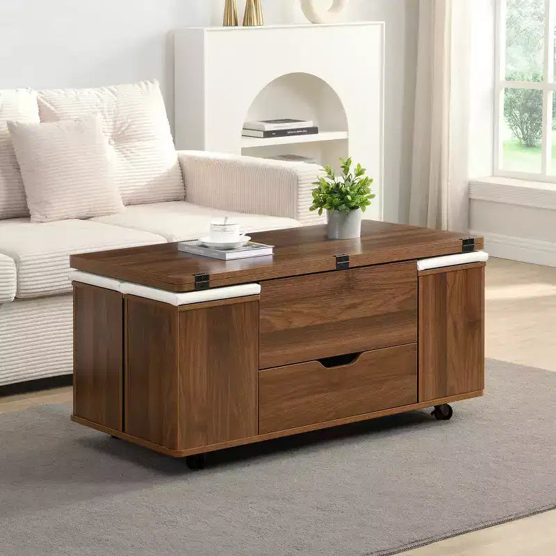 Multi-Function Modern Lift-Top Coffee Table with Hidden Storage, 4 Stools and Casters, Perfect for Modern Living Spaces