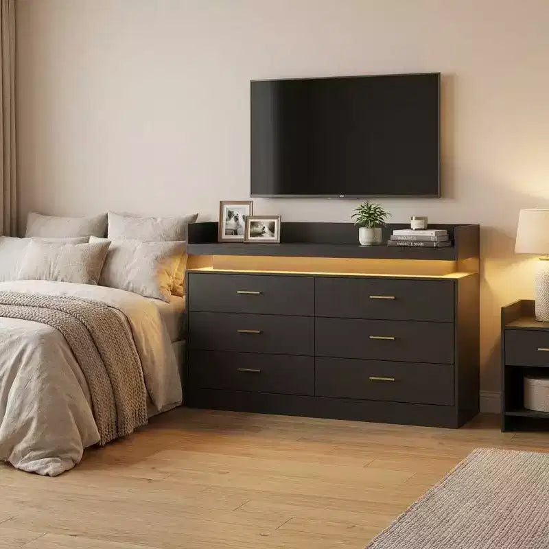 Meuble TV moderne avec 6 tiroirs et éclairage LED, comptoir flottant faisant office de bar à café pour centre de divertissement du salon