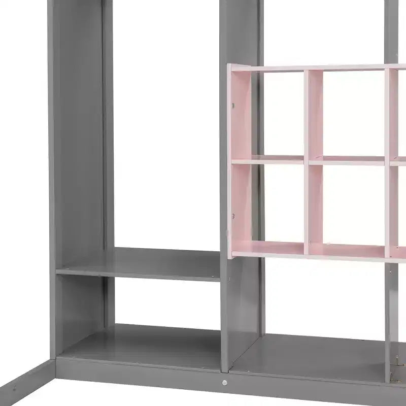 Letto a soppalco per bambini con armadio e mensole, struttura letto a soppalco in legno con mobile contenitore per bambini e ragazzi