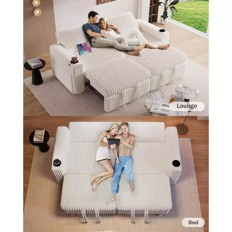 Dyonery 91-delige slaapbank met chaise longue en uitschuifbaar bed, verstelbare rugleuning/twee uitschuifbare bedden/USB-poorten/bekerhouders, zacht corduroy