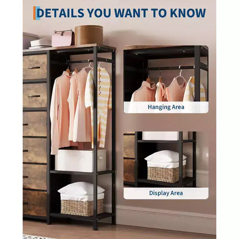 Dresser with 16 Drawers & Hanging Rod & Shelves, Fabric Storage Organizer for Bedroom, Closet, or Entryway
