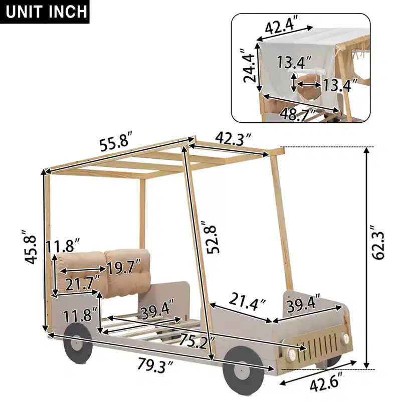 Letto per bambini a forma di auto in legno Whisen con cuscino, telo per il soffitto e LED - Naturale