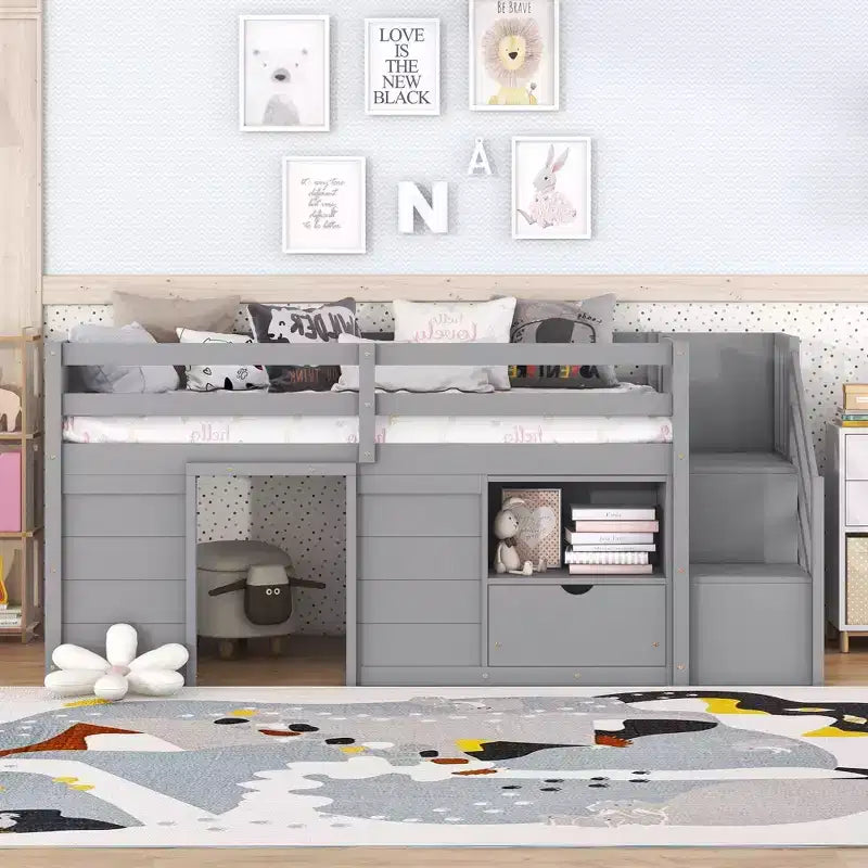 Okak Solid Wood Twin Loft Bed with Stairs & Storage,Low Profile Bunk Beds Twin with Drawers & Shelves,Multi-Functional Loft Beds for Kids,Teens