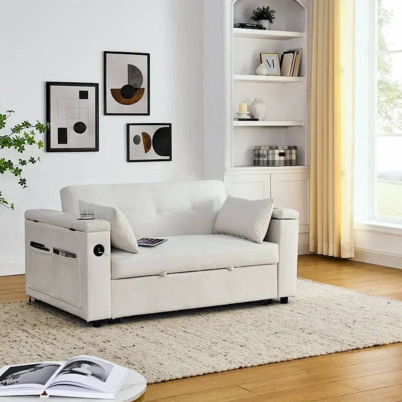 Sofa rozkładana 54, 2-osobowa sofa z funkcją spania i rozkładanymi fotelami, schowkiem, poduszką lędźwiową i gniazdem USB