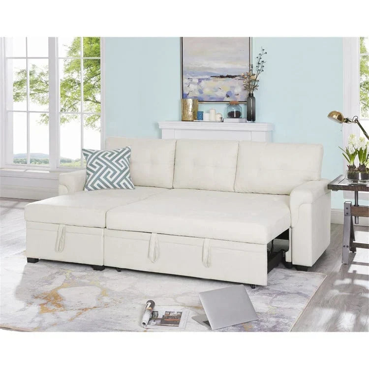 Divano componibile reversibile trasformabile con letto estraibile, chaise longue con contenitore nascosto e gambe resistenti