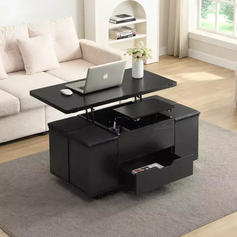Table basse moderne multifonctionnelle relevable avec rangement dissimulé, 4 tabourets et roulettes, idéale pour les espaces de vie modernes