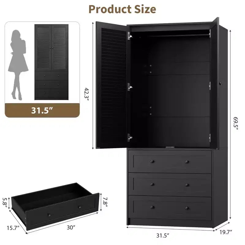 Armoire-penderie COZONY avec 3 tiroirs et 2 portes, meuble de rangement moderne en bois pour chambre, grande armoire blanche sur pied
