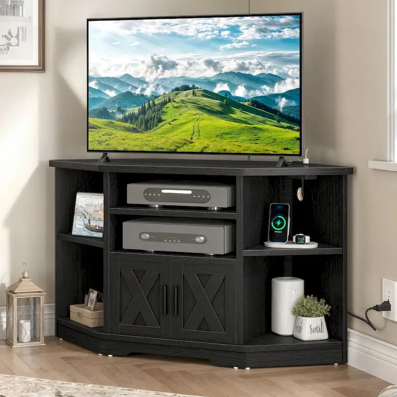 Meuble TV d’angle de style maison de campagne, centre de divertissement et console multimédia pour téléviseurs jusqu’à 55 po, avec prise électrique