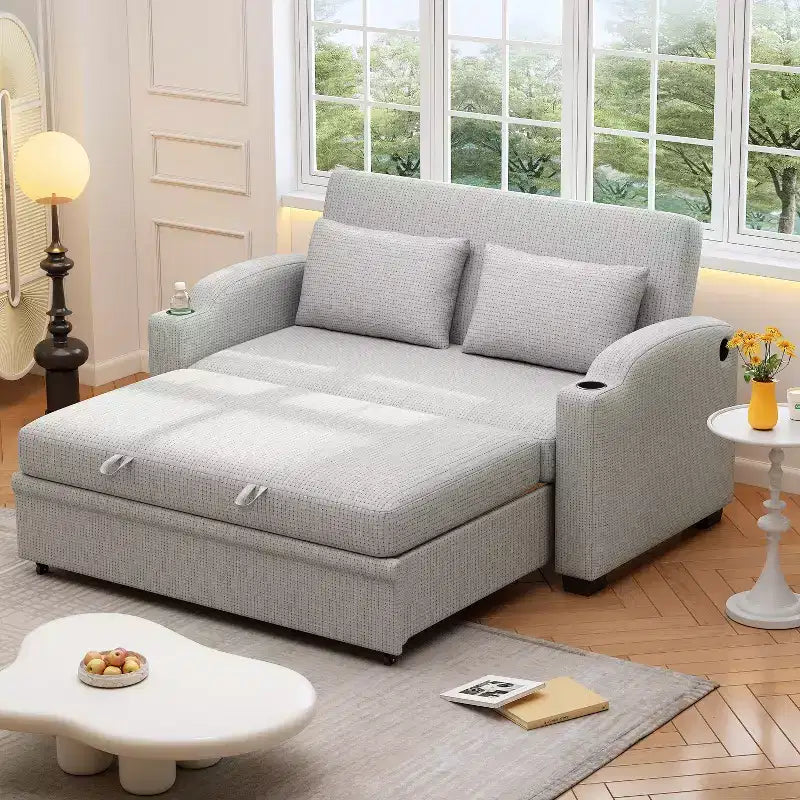 61.6 Modern Chenille Convertible Sofa Bed with USB Ports, Cup Holders & Adjustable Backrest for Living Room, Apartment