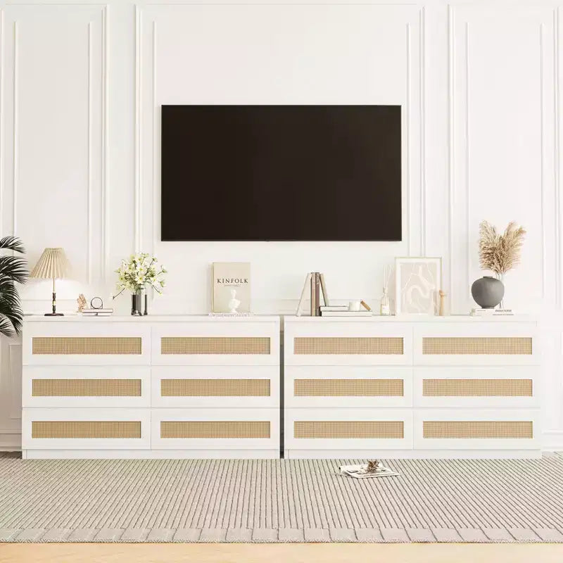 Rattan-Kommode fürs Schlafzimmer mit 6 Schubladen, 119 cm breite moderne Kommode im Landhausstil, Holzschrank mit Stauraum-Organizer für Kleiderschrank, Wohnzimmer und Flur