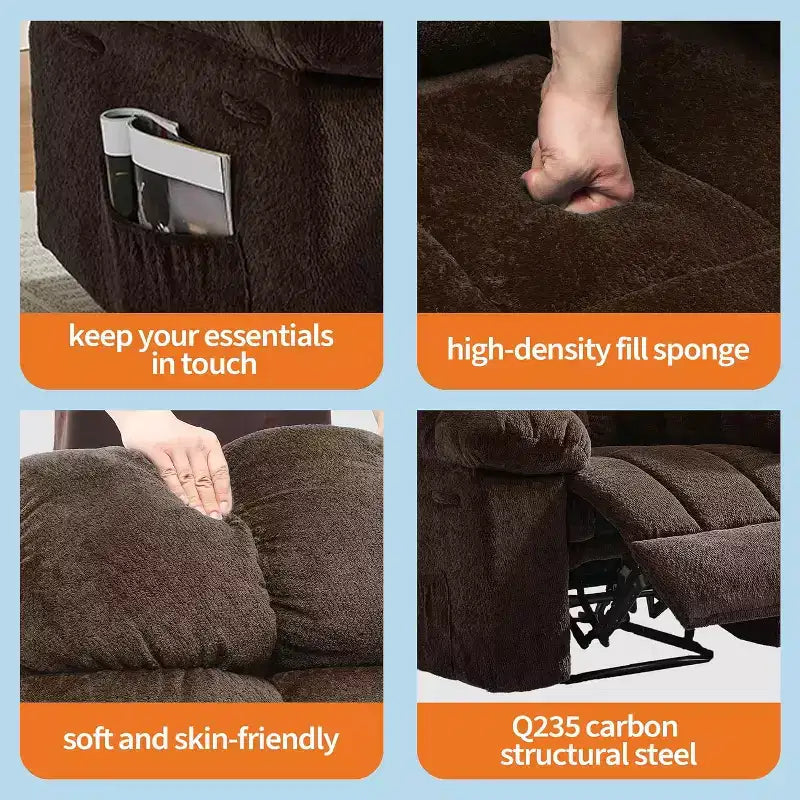 Handmatige relaxfauteuil, ergonomische ademende stoffen fauteuil met zijvakken, eenpersoonsbank, geschikt voor woonkamer en slaapkamer