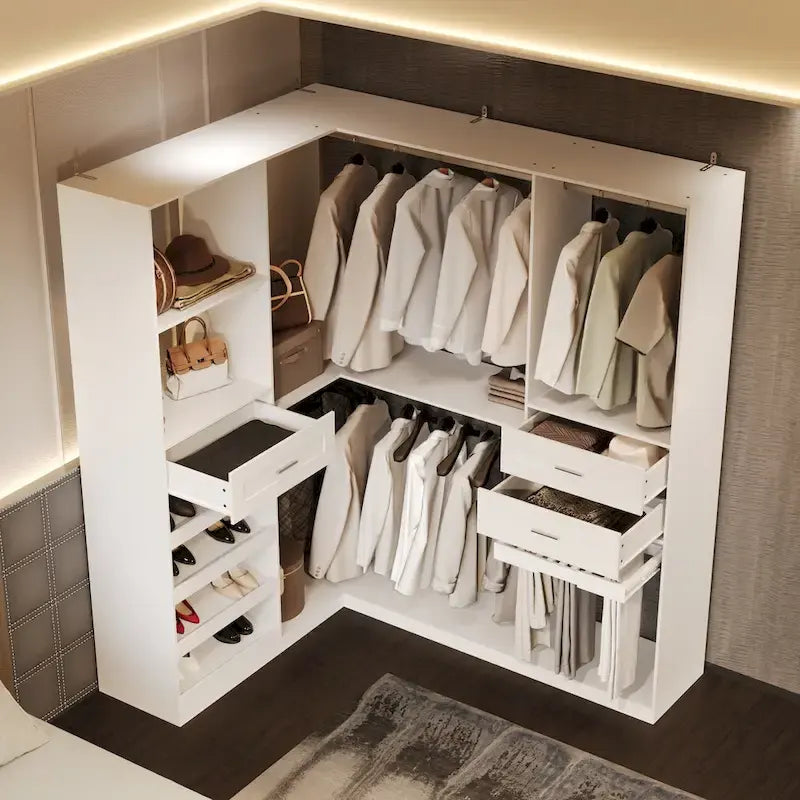 Penderie d'angle avec 2 tringles, porte-pantalons et organisateur de rangement pour chaussures