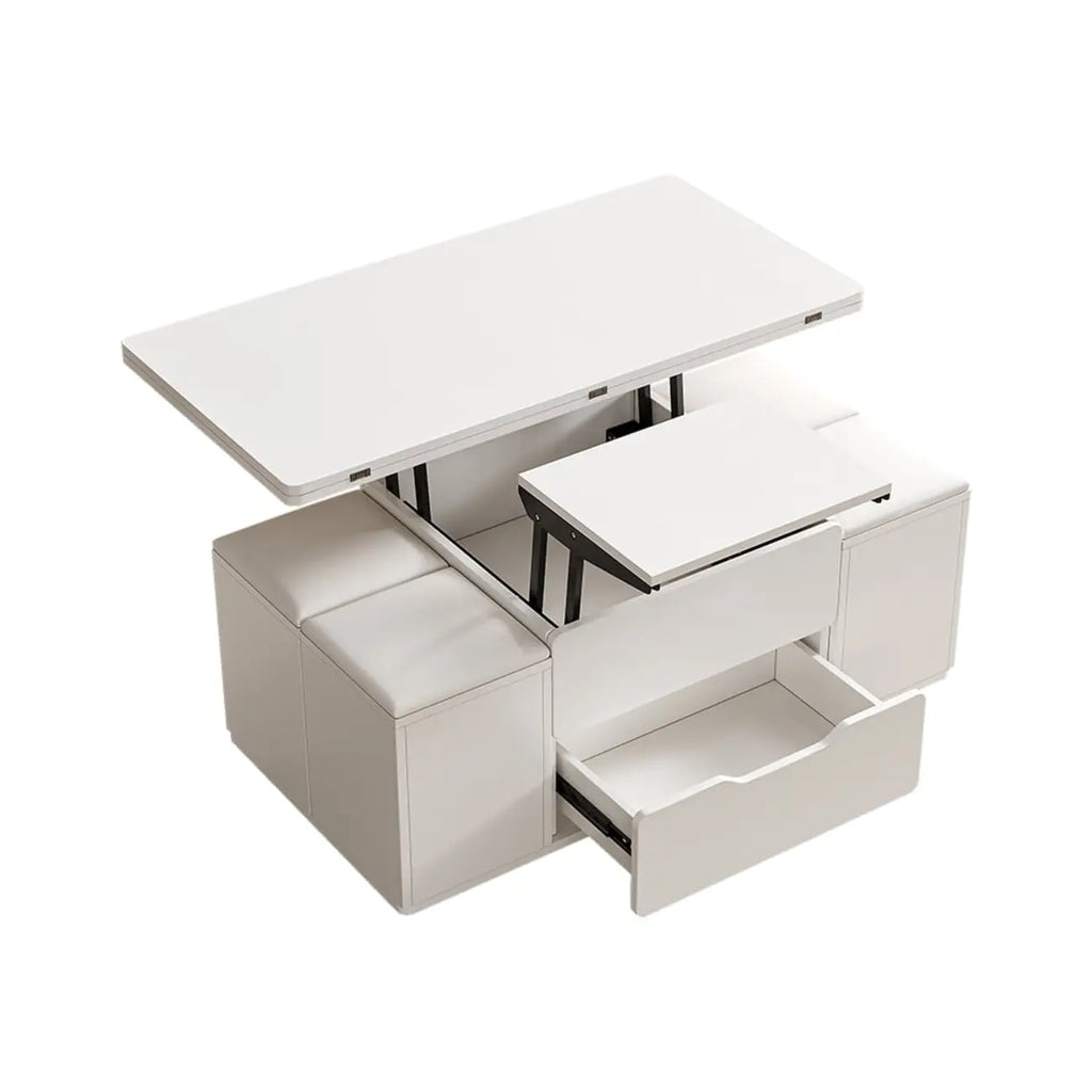 Klappbarer Couchtisch mit Hubfunktion, 4 Hockern und Stauraum