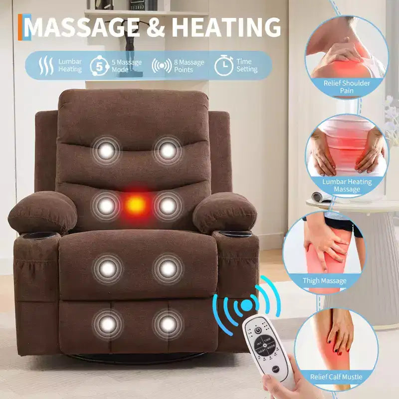 Sillón reclinable mecedor giratorio de 360° extragrande con masaje y calor: silla ergonómica de descanso con portavasos y bolsillos laterales para la sala de estar o el dormitorio infantil