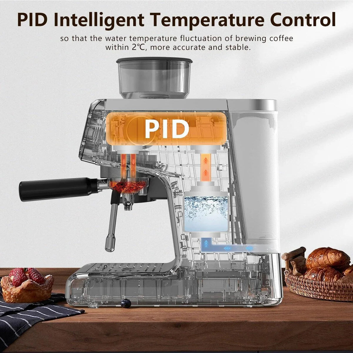 Halfautomatische koffiemachine met intelligente temperatuurregeling en heetwaterfunctie, 30 maalstanden