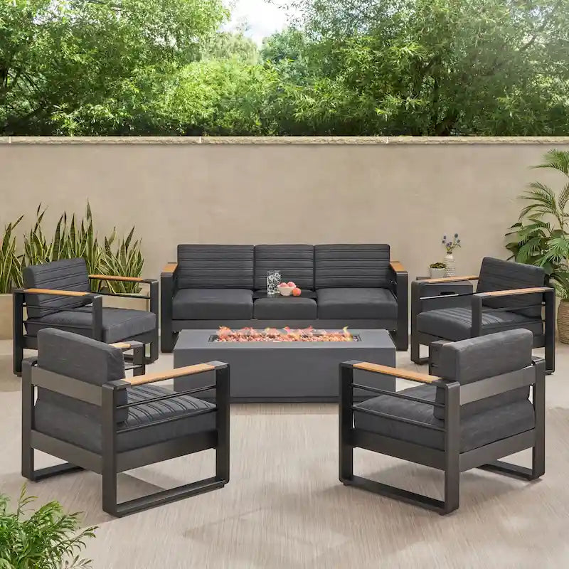 Giovanna Outdoor-Aluminium-Sitzgruppe für 7 Personen mit Feuerstelle von Christopher Knight Home