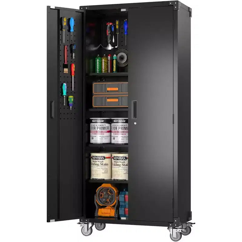 Garage Storage Cabinet with Wheels & Pegboard, 72 H Locking Metal Storage Cabinet with 2 Doors & 4 Adjustable Shelves for Garage Workshop