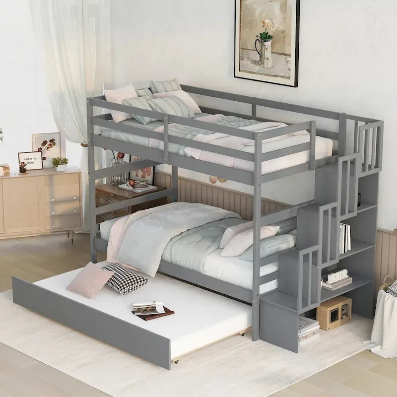 Letto a castello singolo su singolo con letto estraibile singolo e vano portaoggetti integrato nella scala, colore grigio