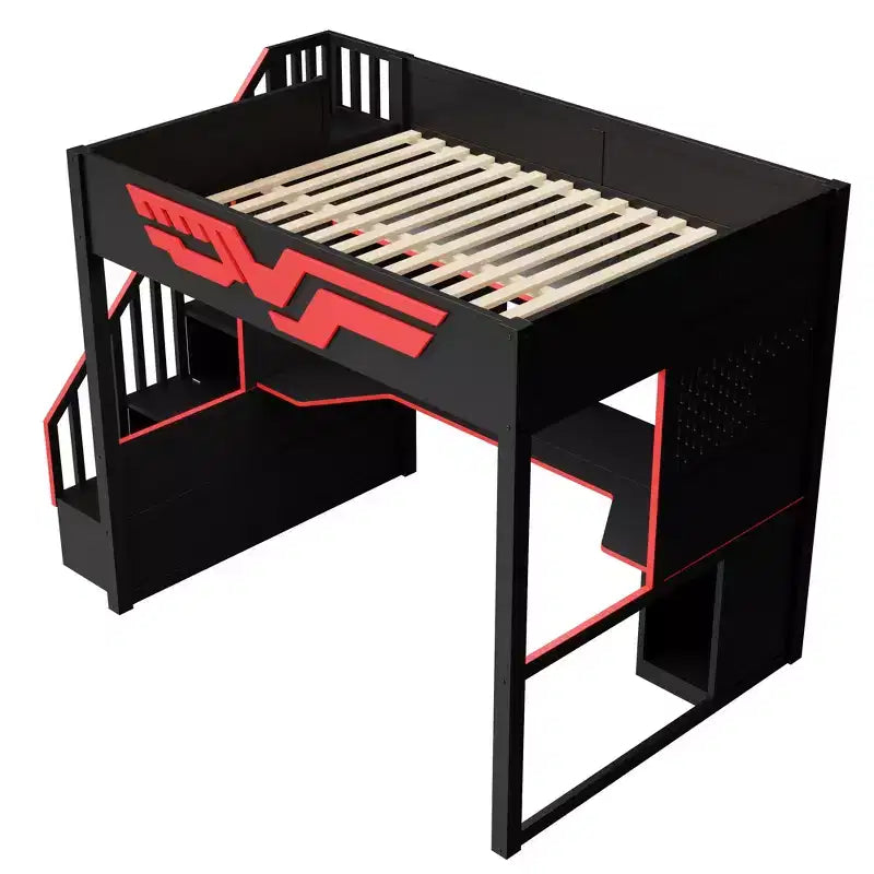 Gaming-Hochbett in Full-Größe mit Schreibtisch und LED-Beleuchtung, hölzernes Hochbett mit Treppe, Stauraumtreppe und USB-Anschluss, Rot+Schwarz