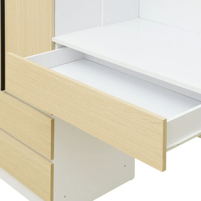 3-in-1 Wardrobe Closet with Vanity Desk, Desk Set, Bedroom Armoire with 2 Drawers 3-Door Storage Desk Wardrobe