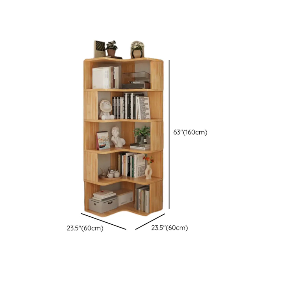 Bibliothèque verticale en bois en forme de L, finition naturelle, dos ouvert