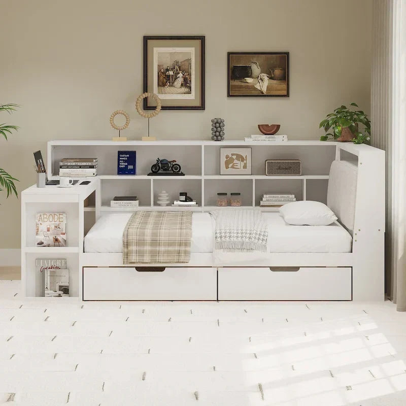 L-förmiges Holz-Sofa-Tagesbett mit Schreibtisch, Bücherregal-Schrank, Eckbett mit Schubladen unter dem Bett, gepolstertem Kopfteil und integrierter Beleuchtung
