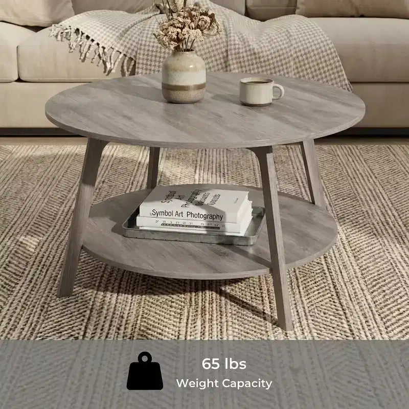 Mézbarna kerek dohányzóasztal 2 szintes tárolóval, mérete 31.5 x 17.7 hüvelyk, ideális a nappaliba