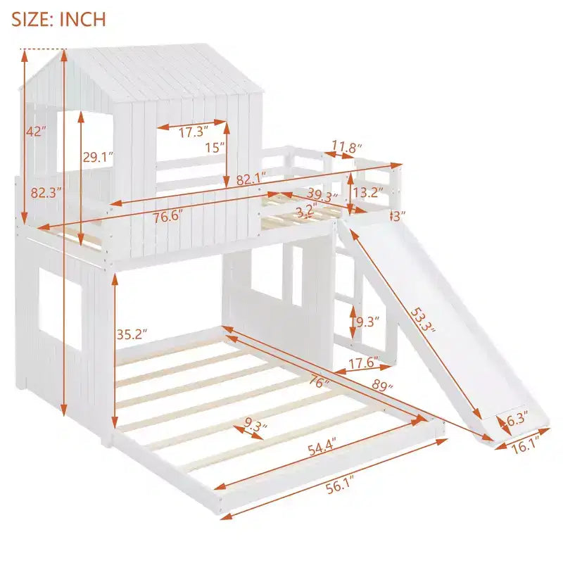 Luxystar Twin Over Full Wood Bunk Bed with Playhouse, Slide and Guardrails