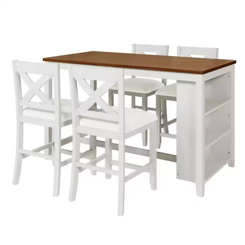 Homy Casa 5-delige eettafel- en stoelenset op aanrechthoogte met opbergplanken, wit en walnoot, moderne landelijke stijl