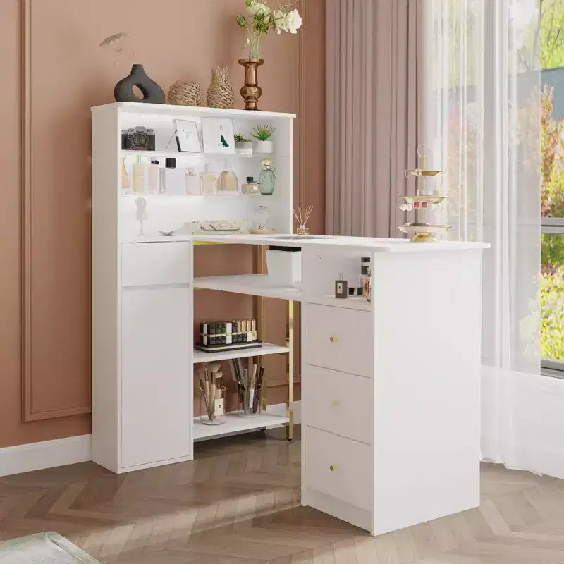 Witte manicuret tafel met ingebouwde stofafzuiging, vitrineblad van gehard glas, gouden handgrepen, manicuresalonstation, make-upkaptafel, make-uptafel