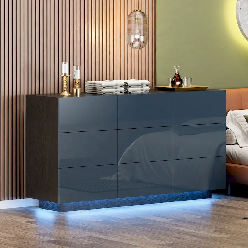 Meuble de rangement et commode à 9 tiroirs, armoire colonne organisatrice pour chambre avec éclairage