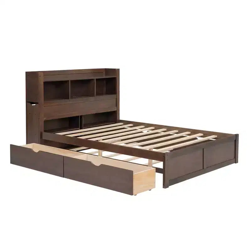 Eenpersoons platformbed met opbergruimte, uitschuifbed, boekenkasthoofdbord en oplaadstation, houten bedframe met planken en laden